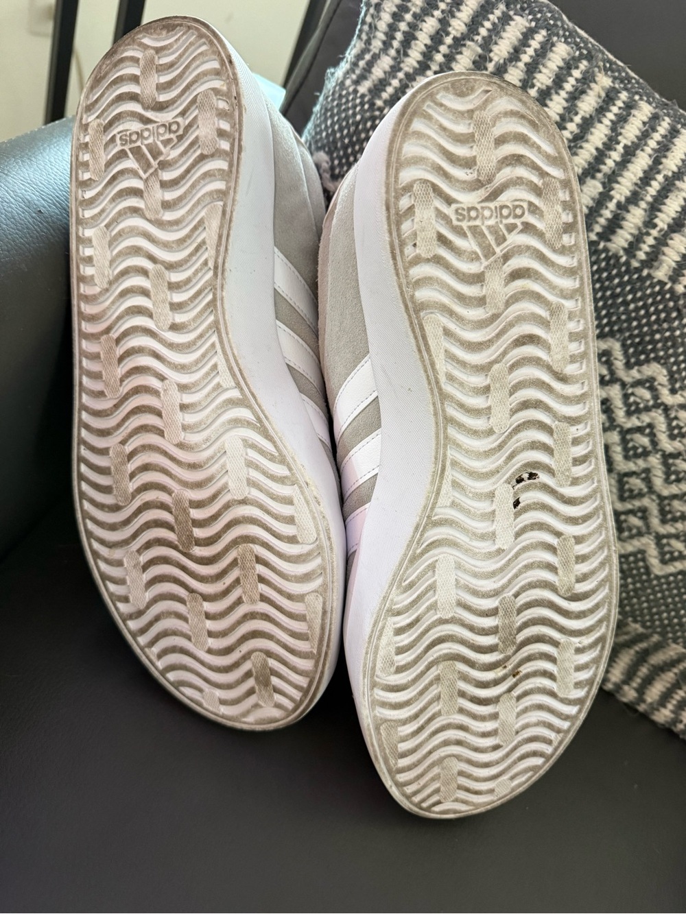 Adidas W-11 once-worn light grey suede low-top sneakers with white stripes. - Picture 4 of 5